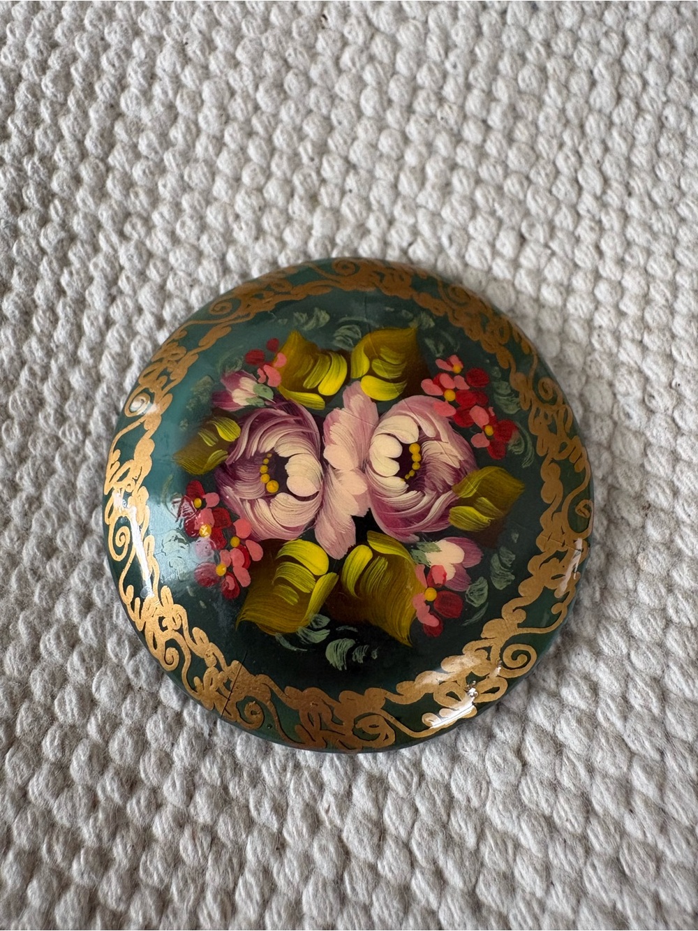 Vintage Russian Hand-Painted Lacquer Brooch Floral Design Signed VTG Pin